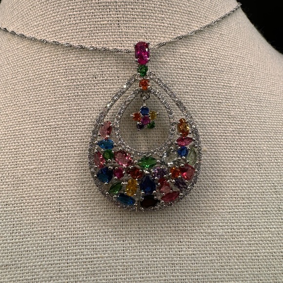 Platinum Plated Sterling Silver pendant with cubic zirconia & multicoloured gems - Picture 6 of 13